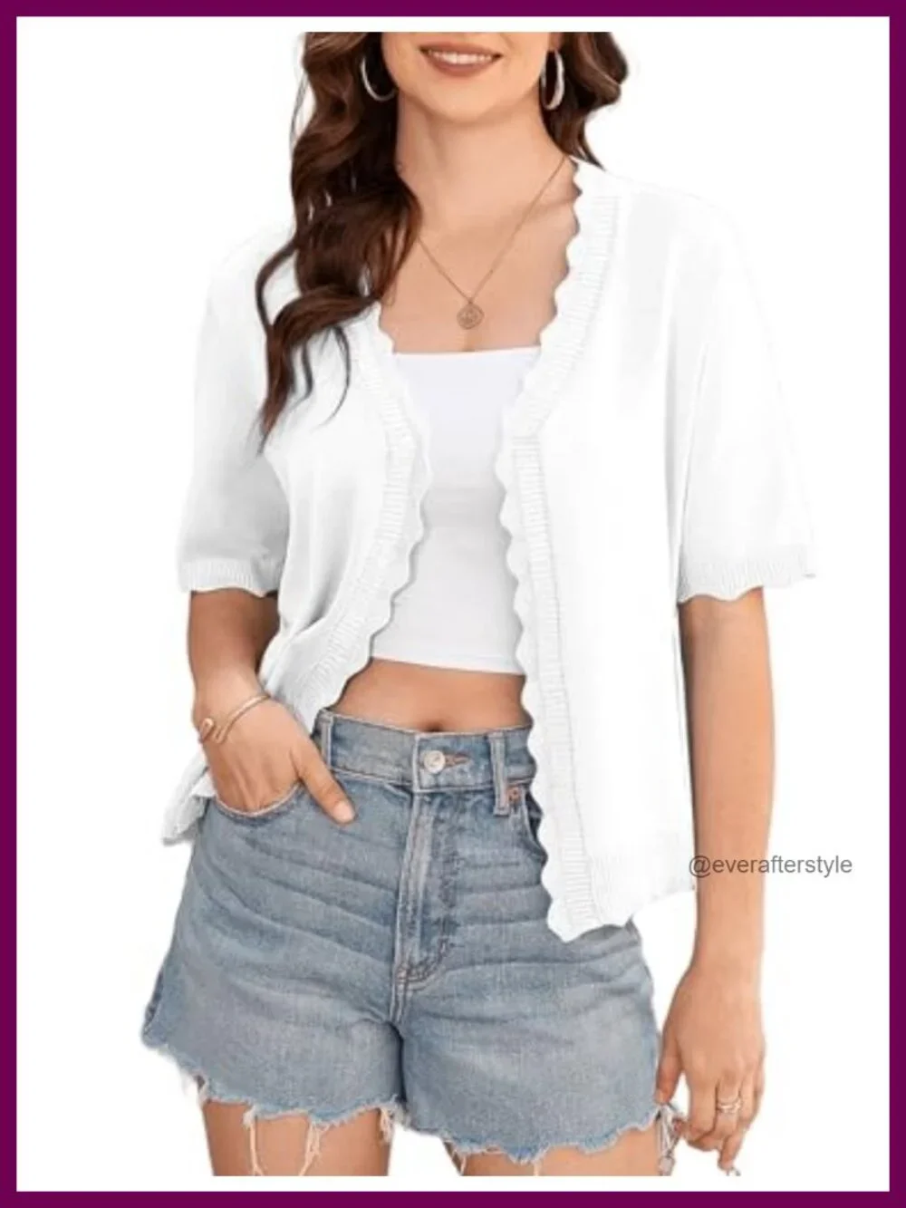 Womens Cropped Knit Cardigan Shrug Scalloped V-Neck Short Sleeve Lightweight